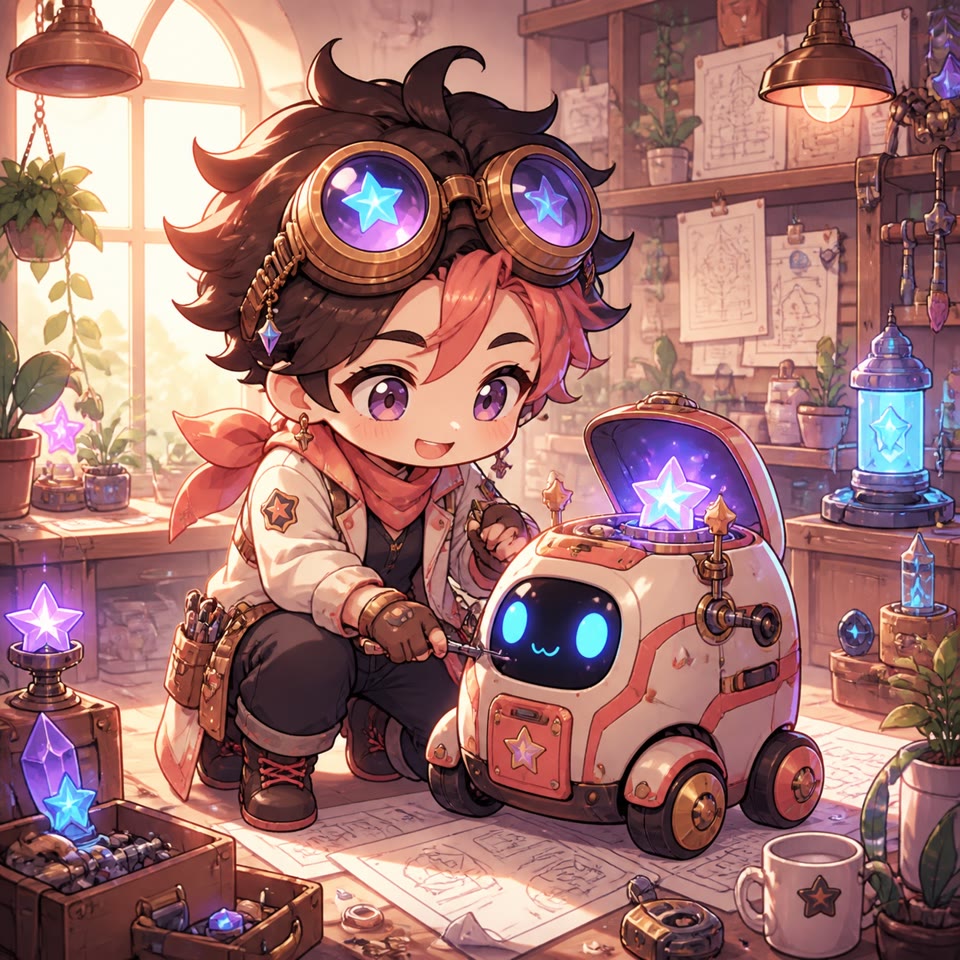 Original chibi inventor building a small star-powered robot