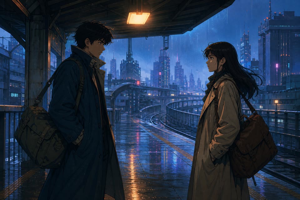Original anime characters meeting on a rainy city platform