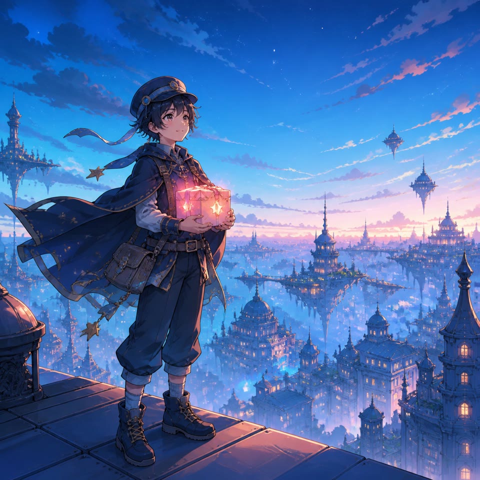 Original anime courier overlooking a floating city