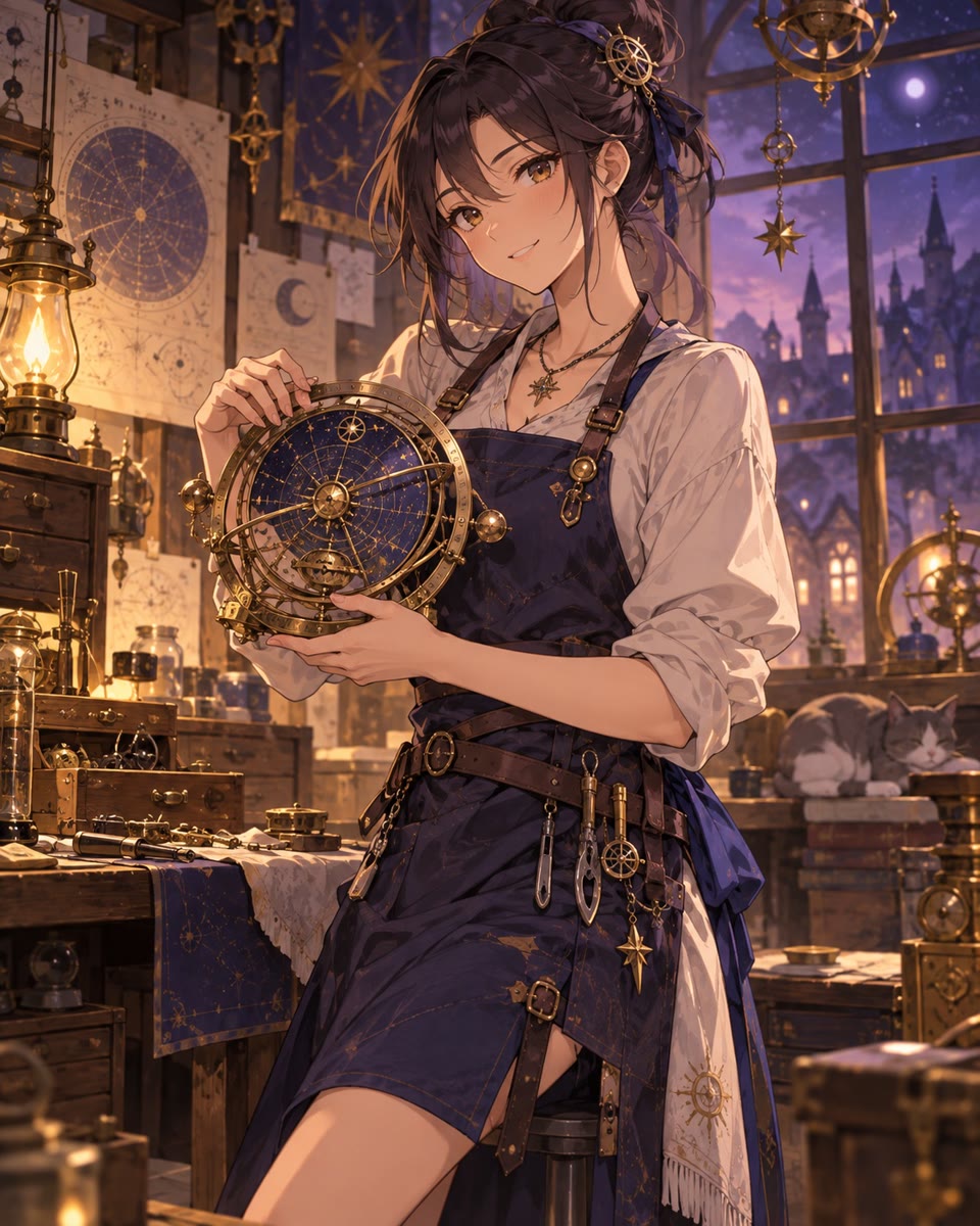 Original anime clockmaker holding a star-map mechanism
