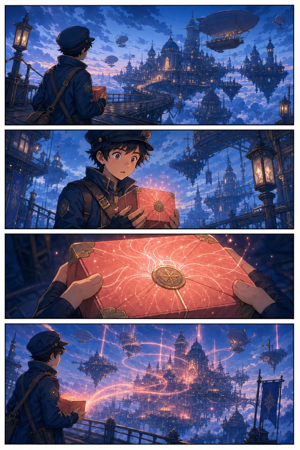 Original four-panel color comic about a courier arriving at a floating city