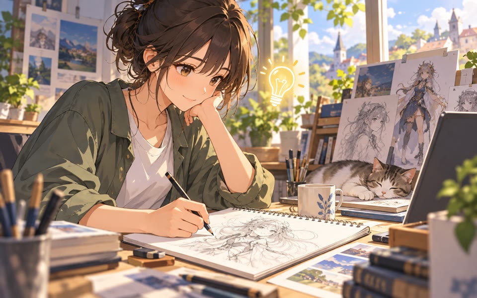 Anime illustrator developing an original character at a desk