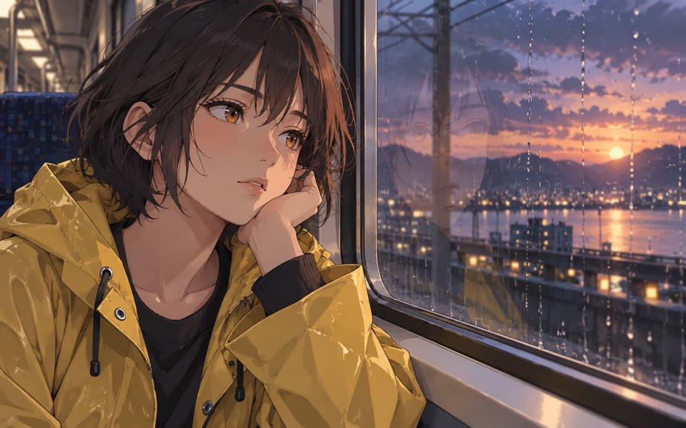 Moody anime portrait by a rainy train window