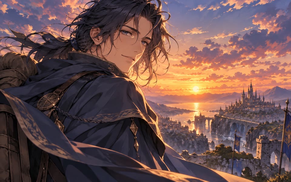 Detailed cel-shaded anime traveler at sunset
