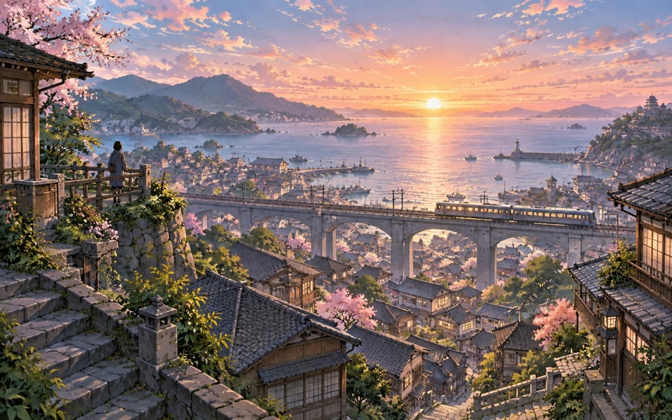 Anime coastal town and train at sunrise