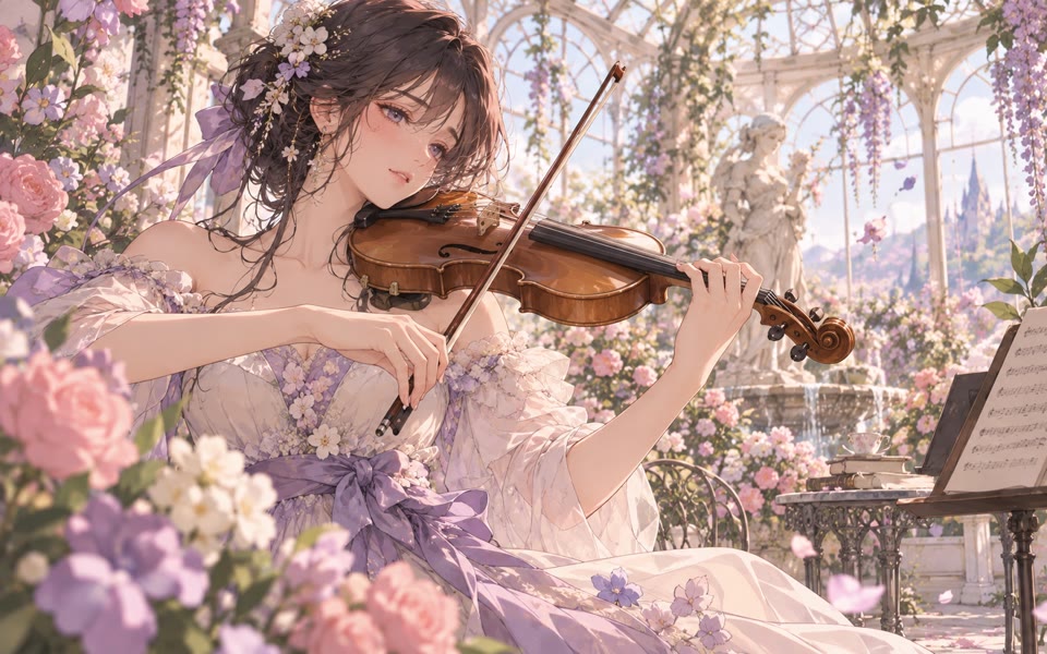 Soft romantic anime violinist in a flower conservatory