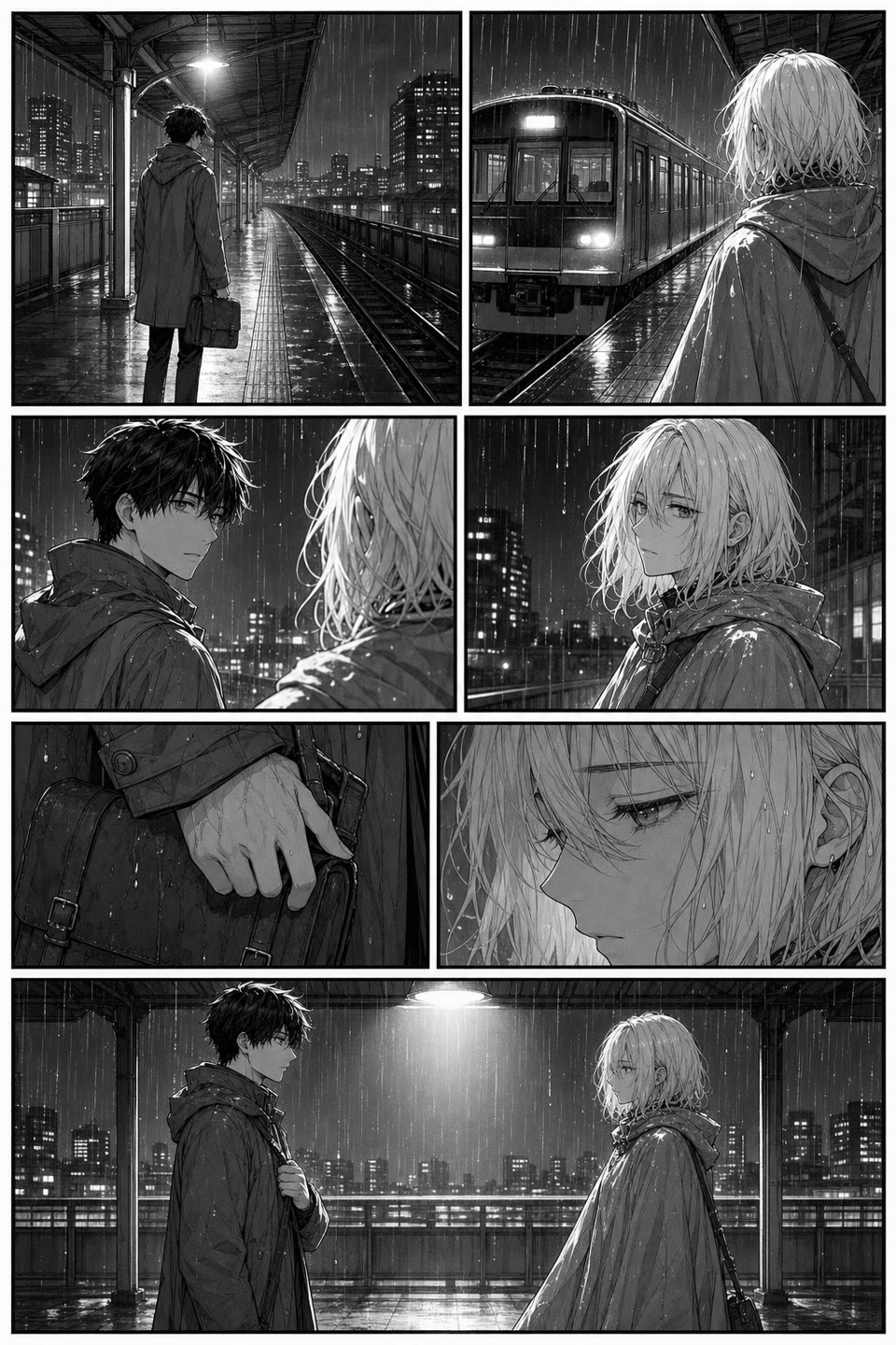 Original monochrome multi-panel page at a rainy train platform