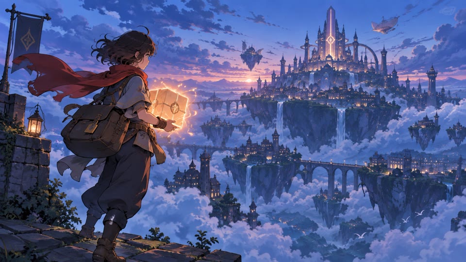 Original anime courier overlooking a floating city