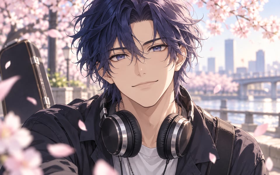 Anime musician avatar beneath cherry blossoms