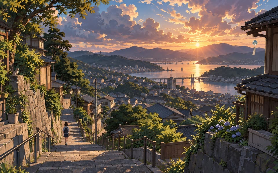 Anime hillside town background at sunset