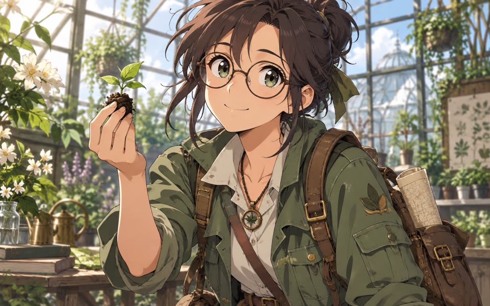 Original anime botanist character holding a seedling